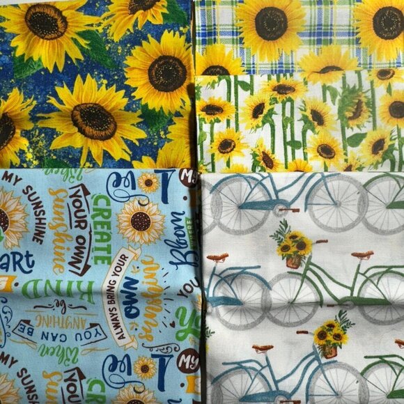 🛒 $9 Quilt Cotton Fabric Material 5 Fat Quarter Fall Sunflower Bike #12 - Picture 1 of 1